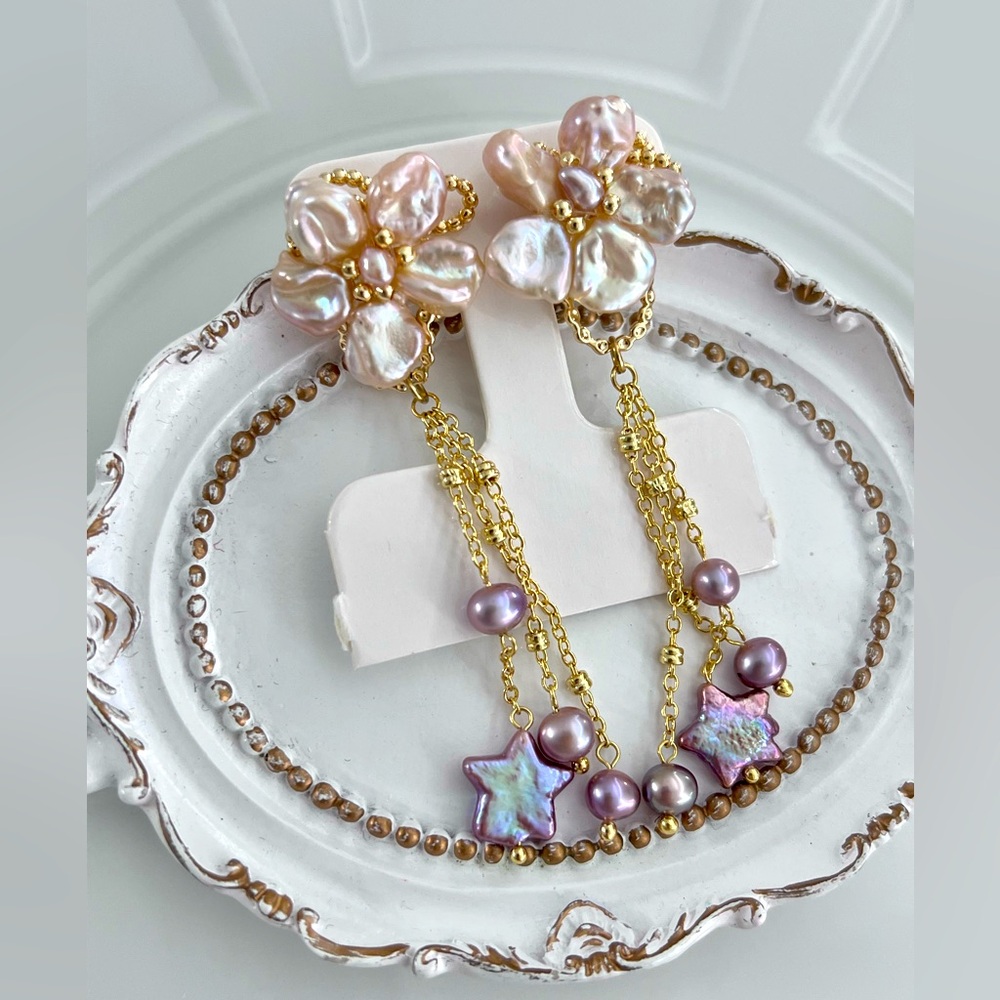 Handmade Freshwater Keshi Pearl Pink Flower 🌺 Purple Star ⭐️ Earrings - Picture 2 of 2